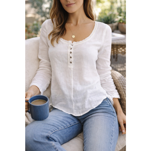 Pilcro Tops - Pilcro Linen Cotton Henley Top White Long Sleeve Anthropologie Women S